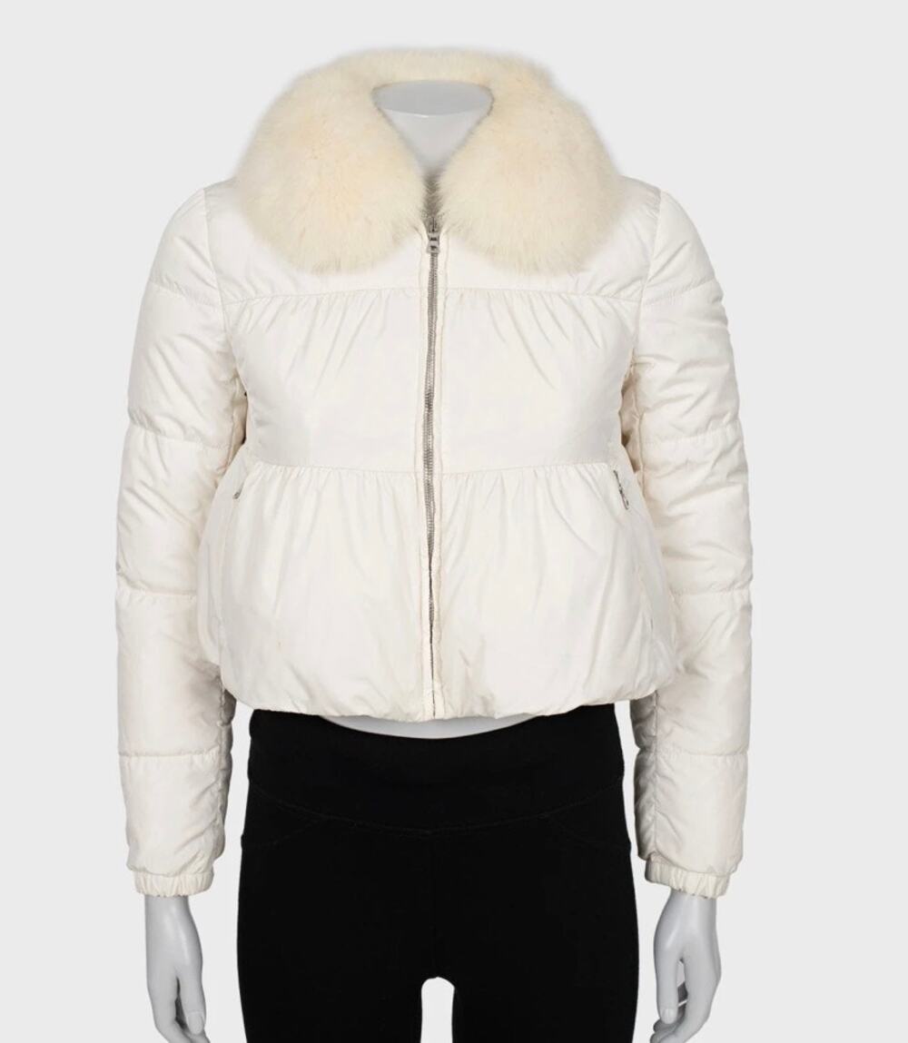 Prada White Fox Fur Trim Cropped Down Jacket S